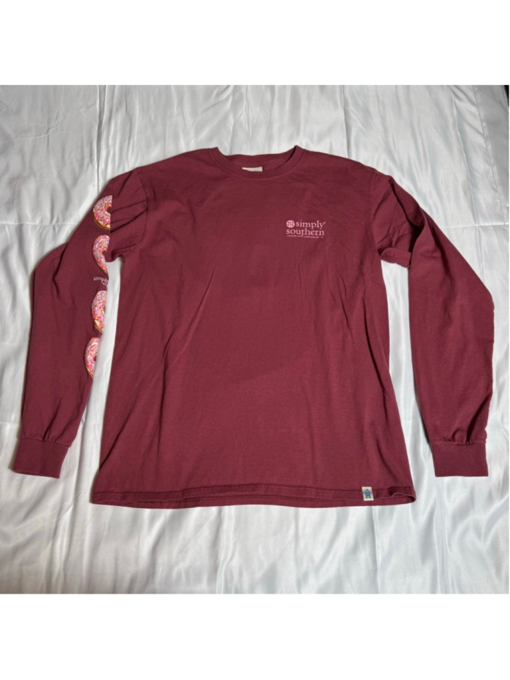 Women's Simply Southern Long Sleeve Tee M Maroon Pink Donut Graphic